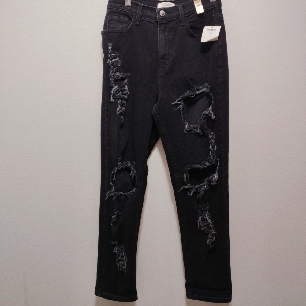 Vibrant Black High Rise Distressed Mom Jeans 7 NEW